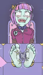 Size: 717x1238 | Tagged: suggestive, artist:caroo, derpibooru import, sunny flare, equestria girls, barefoot, breasts, cropped, feet, fetish, foot fetish, image, jpeg, solo, subflare, tickle fetish, tickling, tickling machine
