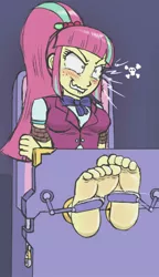 Size: 714x1240 | Tagged: suggestive, artist:caroo, derpibooru import, sour sweet, equestria girls, barefoot, breasts, cropped, feet, fetish, foot fetish, image, jpeg, solo, soursub, tickle fetish, tickling, tickling machine