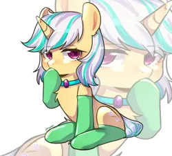 Size: 3673x3321 | Tagged: artist needed, safe, derpibooru import, oc, oc:anna karenna, unofficial characters only, pony, unicorn, clothes, collar, cute, gem, horn, simple background, sitting, socks, solo, thinking, unicorn oc, white background, zoom layer