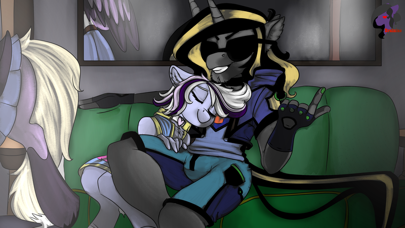 Size: 3840x2160 | Tagged: suggestive, artist:brainiac, derpibooru import, oc, oc:foxtrot, oc:knick knack, oc:whiskey lullaby, unofficial characters only, anthro, unicorn, beckoning, clothes, cute, eyes closed, fingerless gloves, gloves, grin, horn, practice, shorts, sitting, skirt, sleeping, smiling, sunglasses, unicorn oc
