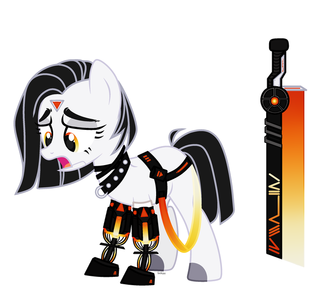 Size: 2930x2608 | Tagged: safe, artist:keshi, derpibooru import, oc, oc:razor thin, unofficial characters only, cyborg, earth pony, pony, amputee, belt, collar, cyber-questria, female, mare, open mouth, prosthetic limb, prosthetics, simple background, solo, spiked collar, sword, weapon, white background