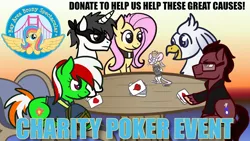 Size: 1280x721 | Tagged: safe, artist:redpalette, derpibooru import, oc, oc:brawny buck, oc:invisibrony, oc:silver quill, babscon, card, charity, poker, table