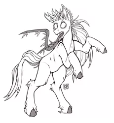 Size: 3632x3923 | Tagged: safe, artist:karamboll, derpibooru import, pegasus, pony, commission result, empty eyes, fangs, long mane, long tongue, male, sharp teeth, sketch, solo, standing, teeth, tongue out