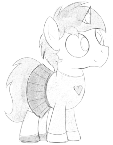 Size: 670x862 | Tagged: safe, artist:dtcx97, derpibooru import, oc, oc:heroic armour, unofficial characters only, pony, unicorn, clothes, colt, crossdressing, head tilt, male, monochrome, shoes, skirt, smiling, socks, sweater