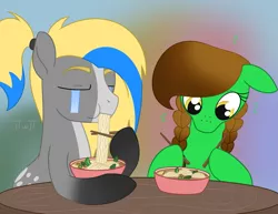 Size: 1259x974 | Tagged: safe, artist:dyonys, derpibooru import, oc, oc:awyr, oc:ciel, oc:lucky brush, earth pony, pony, chopsticks, eating, female, food, freckles, from above, how, how do hooves work?, male, mare, pho, stallion