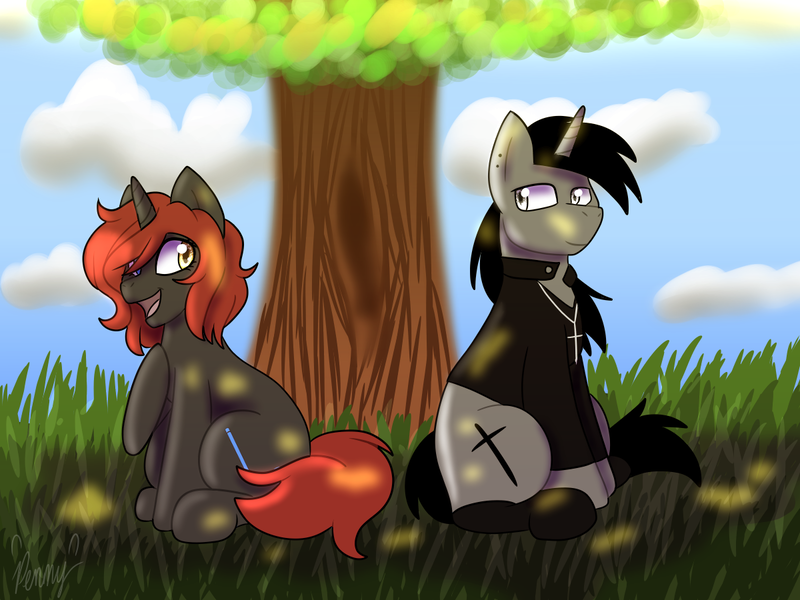 Size: 1200x900 | Tagged: artist needed, safe, derpibooru import, oc, oc:black cross, pony, unicorn, boots, clothes, crucifix, edgy, female, grass, jacket, jewelry, male, mare, necklace, shoes, sitting, smiling, stallion, tree