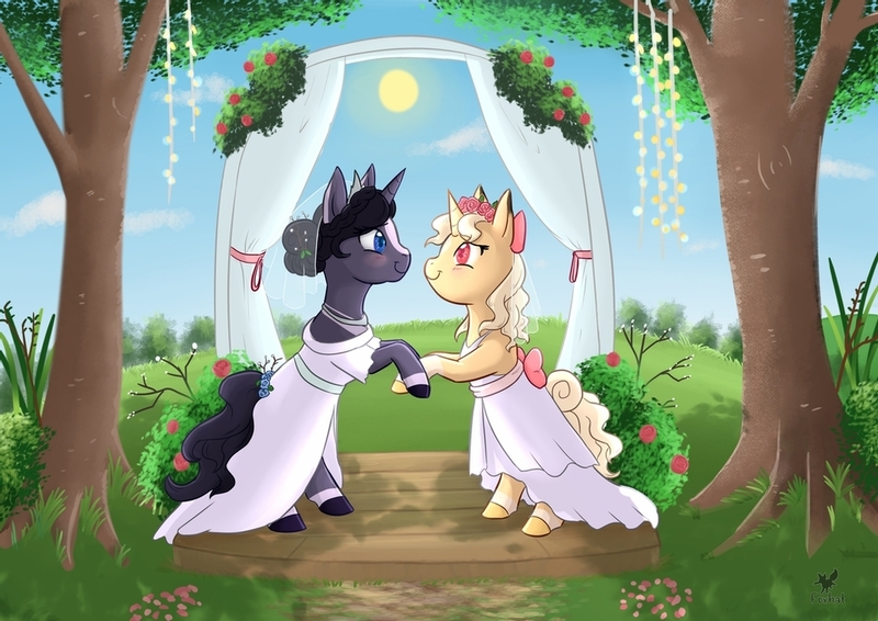 Size: 1024x725 | Tagged: safe, artist:foxhatart, derpibooru import, oc, oc:gold dust, oc:lavender rose, unofficial characters only, pony, unicorn, clothes, dress, female, lesbian, mare, scenery, tree, wedding dress