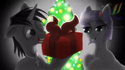 Size: 800x450 | Tagged: safe, artist:micaruss, derpibooru import, maud pie, oc, oc:black cross, earth pony, pony, unicorn, christmas, christmas tree, crucifix, female, gift giving, holiday, jewelry, male, mare, necklace, smiling, stallion, tree