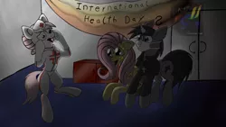 Size: 1280x720 | Tagged: safe, artist:micaruss, derpibooru import, fluttershy, nurse redheart, oc, oc:black cross, earth pony, pegasus, pony, unicorn, female, gasp, hospital, male, mare, mask, pony pox, sick, stallion