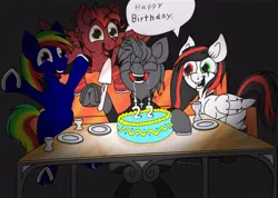 Size: 594x422 | Tagged: safe, artist:micaruss, derpibooru import, oc, oc:black cross, oc:emala jiss, oc:rainbow storm, oc:tootsie4ever, pegasus, pony, unicorn, birthday gift, cake, candle, female, food, happy birthday, male, mare, stallion