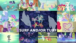 Size: 1974x1112 | Tagged: apple bloom, cutie mark crusaders, derpibooru import, dolphin, edit, edited screencap, editor:quoterific, linky, ocean flow, rainbow stars, safe, scootaloo, screencap, shoeshine, silver script, sky beak, star bright, surf and/or turf, sweetie belle, terramar, twilight sparkle, twinkleshine, your heart is in two places