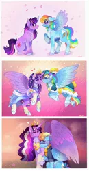 Size: 2126x4096 | Tagged: safe, artist:aaa-its-spook, derpibooru import, princess twilight 2.0, rainbow dash, twilight sparkle, twilight sparkle (alicorn), alicorn, pegasus, pony, the last problem, age progression, alternate hairstyle, blushing, chest fluff, clothes, colored wings, coronation dress, crown, cutie mark, dress, ethereal mane, eyes closed, feather, female, heart, holding hooves, hoof shoes, horn, jewelry, large wings, lesbian, long horn, mare, multicolored hair, multicolored mane, multicolored tail, multicolored wings, nuzzling, older, older rainbow dash, older twilight, petals, peytral, rainbow power, regalia, second coronation dress, shipping, size difference, starry mane, sweater, twidash, wings