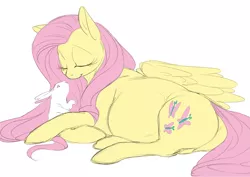 Size: 4093x2894 | Tagged: safe, artist:snspony, derpibooru import, angel bunny, fluttershy, pegasus, pony, rabbit, animal, duo, eyes closed, female, male, mare, preggoshy, pregnant, simple background, solo, white background
