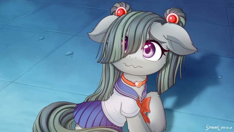 Size: 2840x1600 | Tagged: safe, artist:symbianl, derpibooru import, marble pie, earth pony, pony, clothes, crossover, cute, female, floppy ears, hair over one eye, marblebetes, mare, sailor moon, sailor moon redraw meme, sailor uniform, serena tsukino, solo, tsukino usagi, uniform, wavy mouth