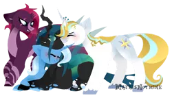 Size: 1280x732 | Tagged: artist:mathisnotmy, berryblood, bisexual, bluesalis, bluetrix, blushing, derpibooru import, female, lesbian, male, polyamory, prince blueblood, queen chrysalis, safe, shipping, straight, tempalis, tempestrix, tempest shadow, trixalis, trixie