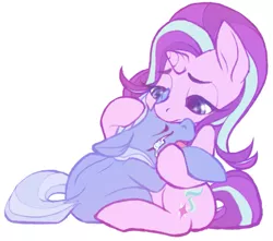 Size: 1299x1149 | Tagged: safe, artist:flutterbree, derpibooru import, starlight glimmer, trixie, pony, unicorn, comforting, crying, duo, duo female, female, floppy ears, holding a pony, horn, lesbian, open mouth, sad, shipping, simple background, startrix, white background