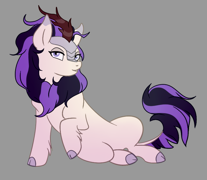 Size: 738x641 | Tagged: antagonist, artist:ladyenfield, bedroom eyes, big ears, cloven hooves, cute, derpibooru import, female, gray background, hoof fluff, kirin, kirinbetes, kirin oc, leaning, leonine tail, mane, oc, oc villain, oc:wintertide frost, safe, simple background, sitting, smiling, solo