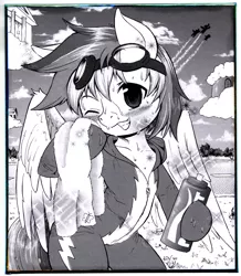 Size: 1500x1720 | Tagged: artist:phoenixperegrine, beach, blushing, clothes, cloud, cutie mark, derpibooru import, flying, monochrome, ocean, pegasus, rainbow dash, safe, safety goggles, shikishi, sky, sweat, tower, uniform, water, water bottle, wonderbolts uniform