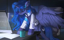 Size: 1596x998 | Tagged: safe, artist:margony, derpibooru import, official, princess luna, alicorn, pony, art trade, clothes, crossover, detroit: become human, female, indoors, mare, night, office, open mouth, video game crossover
