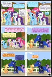 Size: 6509x9676 | Tagged: safe, artist:gutovi, derpibooru import, applejack, fluttershy, pinkie pie, princess luna, rainbow dash, rarity, twilight sparkle, twilight sparkle (alicorn), alicorn, earth pony, pegasus, pony, unicorn, comic:why me!?, alternate ending, apple, bedroom eyes, comic, dawn, female, floppy ears, food, hat, heartbreak, lesbian, looking right, lunajack, mane six, shipping, shipping denied, show accurate, sunlight, sweet apple acres, tree, twilight (series)