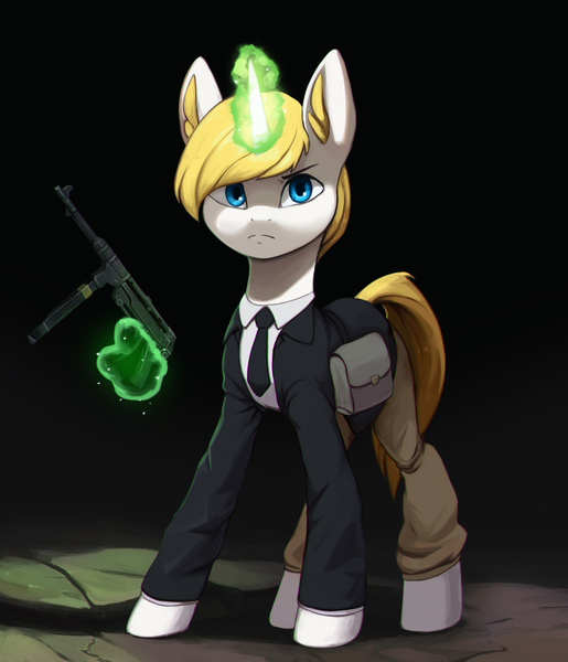 Size: 3432x4000 | Tagged: safe, artist:mrscroup, derpibooru import, oc, unofficial characters only, pony, unicorn, bag, blue eyes, clothes, dark background, gun, high res, levitation, magic, mp40, pants, saddle bag, solo, submachinegun, suit, telekinesis, weapon