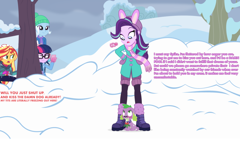 Size: 3300x1940 | Tagged: safe, artist:aqua-pony, artist:kingdark0001, artist:phucknuckl, artist:steyrrdash, artist:titanium-pony, deleted from derpibooru, derpibooru import, sci-twi, spike, starlight glimmer, sunset shimmer, trixie, twilight sparkle, dog, equestria girls, equestria girls series, holidays unwrapped, spoiler:eqg series (season 2), blushing, christmas, clothes, cute, dialogue, female, holiday, holly, holly mistaken for mistletoe, implied kissing, lipstick, looking down, magic, male, scarf, shipper on deck, shipping, shocked, snow, sparlight, spike the dog, straight, sweat, vector, winter outfit