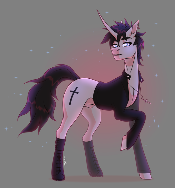 Size: 4221x4521 | Tagged: safe, artist:emalajissda, derpibooru import, oc, oc:black cross, unofficial characters only, pony, unicorn, absurd resolution, boots, bottomless, clothes, colored pupils, commission, crucifix, ear piercing, earring, edgy, horn, jacket, jewelry, lidded eyes, male, necklace, nudity, one hoof raised, partial nudity, piercing, raised hoof, sheath, sheathed, shoes, signature, solo, sparkles, stallion
