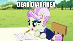 Size: 1200x675 | Tagged: safe, derpibooru import, edit, edited screencap, screencap, rosetta, earth pony, pony, brotherhooves social, caption, female, image macro, mare, mouth hold, paper, pencil, solo, text