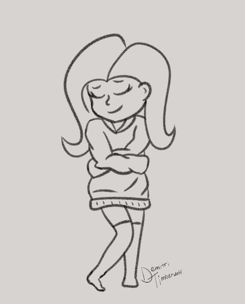 Size: 2900x3600 | Tagged: safe, artist:demitri, derpibooru import, fluttershy, human, equestria girls, clothes, cute, eyes closed, female, happy, hoodie, hug, monochrome, oversized clothes, self-hugging, shyabetes, signature, sketch, smiling, socks, solo, thigh highs