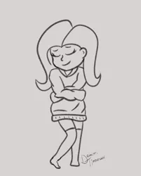 Size: 2900x3600 | Tagged: safe, artist:demitri, derpibooru import, fluttershy, human, equestria girls, clothes, cute, eyes closed, female, happy, hoodie, hug, monochrome, oversized clothes, self-hugging, shyabetes, signature, sketch, smiling, socks, solo, thigh highs