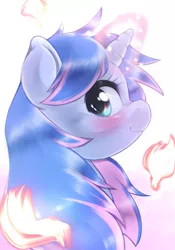 Size: 1430x2048 | Tagged: safe, artist:kurogewapony, derpibooru import, oc, oc:slowly flame, unofficial characters only, pony, unicorn, blushing, bust, female, glowing horn, horn, looking at you, mare, smiling, solo