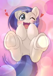 Size: 1430x2048 | Tagged: safe, artist:kurogewapony, derpibooru import, oc, oc:southern sail, unofficial characters only, earth pony, pony, blushing, female, heart, hooves to the chest, legs in air, looking at you, mare, smiling, solo, underhoof