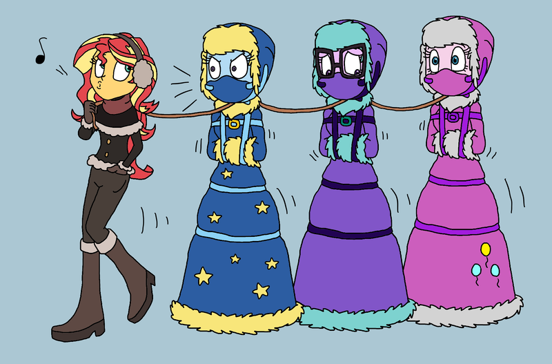 Size: 1864x1228 | Tagged: safe, artist:bugssonicx, derpibooru import, pinkie pie, sci-twi, sunset shimmer, trixie, twilight sparkle, equestria girls, bondage, boots, bound together, clothes, earmuffs, gag, gloves, leash, long dress, long skirt, muzzle, muzzle gag, otn gag, over the nose gag, scarf, shoes, skirt, snow boots, straitjacket, whistling, winter outfit