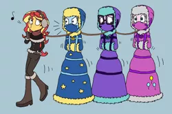 Size: 1864x1228 | Tagged: safe, artist:bugssonicx, derpibooru import, pinkie pie, sci-twi, sunset shimmer, trixie, twilight sparkle, equestria girls, bondage, boots, bound together, clothes, earmuffs, gag, gloves, leash, long dress, long skirt, muzzle, muzzle gag, otn gag, over the nose gag, scarf, shoes, skirt, snow boots, straitjacket, whistling, winter outfit
