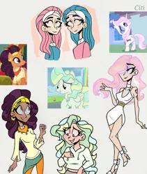 Size: 1747x2073 | Tagged: aloe, artist:citi, clothes, cutie mark on human, cutie mark tattoo, derpibooru import, dress, fleur-de-lis, high heels, hoodie, human, humanized, lotus blossom, midriff, safe, saffron masala, scene interpretation, screencap, screencap reference, shoes, spa twins, spice up your life, sweet and elite, tattoo, top bolt, vapor trail