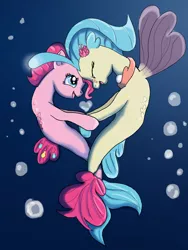 Size: 2121x2828 | Tagged: safe, artist:saphire-dragon42, derpibooru import, pinkie pie, princess skystar, earth pony, seapony (g4), my little pony: the movie, blue eyes, bubble, clothes, eyes closed, female, fin wings, fins, fish tail, flower, flower in hair, flowing mane, flowing tail, freckles, holding hooves, jewelry, lesbian, looking at each other, necklace, nuzzling, ocean, open mouth, pearl necklace, seaponified, seapony pinkie pie, see-through, shipping, simple background, skypie, smiling, species swap, tail, underwater, water, wings