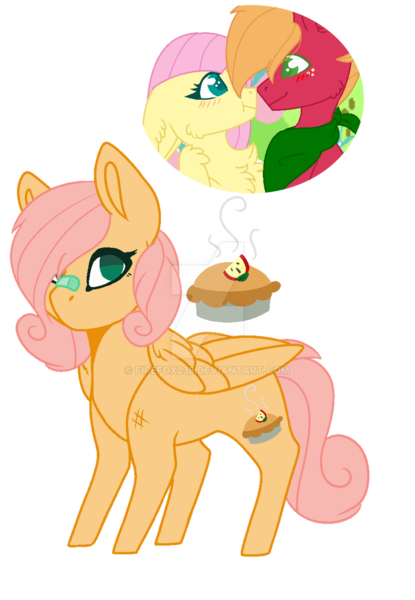 Size: 800x1156 | Tagged: safe, artist:firefox238, artist:jaysey, derpibooru import, big macintosh, fluttershy, oc, oc:apple tart, pegasus, pony, bandaid, base used, boop, cheek fluff, chest fluff, deviantart watermark, female, filly, fluttermac, male, neckerchief, noseboop, obtrusive watermark, offspring, parent:big macintosh, parent:fluttershy, parents:fluttermac, shipping, simple background, straight, transparent background, watermark