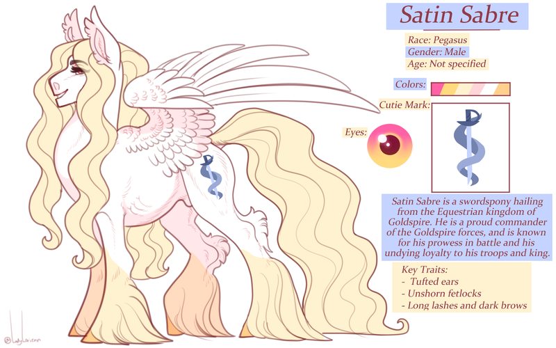 Size: 1600x1000 | Tagged: safe, artist:snowberry, derpibooru import, oc, oc:satin sabre, unofficial characters only, pegasus, pony, cutie mark, fluffy, long hair, male, reference sheet, signature, smiling, socks (coat marking), stallion, unshorn fetlocks