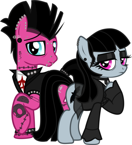Size: 1377x1512 | Tagged: safe, artist:lightningbolt, derpibooru import, oc, oc:goth lass, oc:punk dude, unofficial characters only, earth pony, pony, derpibooru community collaboration, .svg available, 2021 community collab, bags under eyes, bridge piercing, choker, clothes, duo, dyed mane, dyed tail, ear piercing, earring, eyebrow piercing, eyeliner, eyeshadow, female, frown, goth, jewelry, lidded eyes, lip piercing, looking at you, makeup, male, mare, married couple, nose piercing, piercing, punk, raised hoof, safety pin, shirt, skirt, smiling, snake bites, stallion, svg, tail band, tattoo, undershirt, vector, vest, wristband