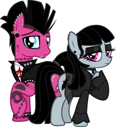 Size: 1377x1512 | Tagged: safe, artist:lightningbolt, derpibooru import, oc, oc:goth lass, oc:punk dude, unofficial characters only, earth pony, pony, derpibooru community collaboration, 2021 community collab, bags under eyes, bridge piercing, choker, clothes, duo, dyed mane, dyed tail, ear piercing, earring, eyebrow piercing, eyeliner, eyeshadow, female, frown, goth, jewelry, lidded eyes, lip piercing, looking at you, makeup, male, mare, married couple, nose piercing, piercing, punk, raised hoof, safety pin, shirt, skirt, smiling, snake bites, stallion, svg, .svg available, tail band, tattoo, undershirt, vector, vest, wristband