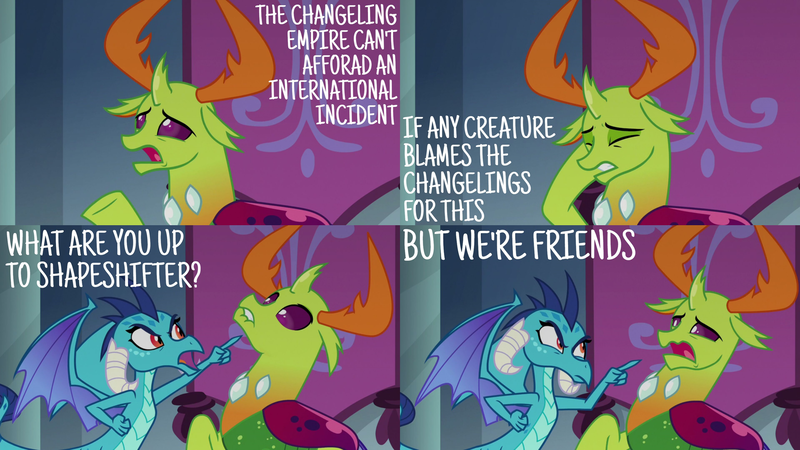 Size: 2000x1125 | Tagged: angry, changedling, changeling, derpibooru import, dragon, dragoness, edit, edited screencap, editor:quoterific, eyes closed, female, king thorax, open mouth, pointing, princess ember, safe, school daze, screencap, thorax