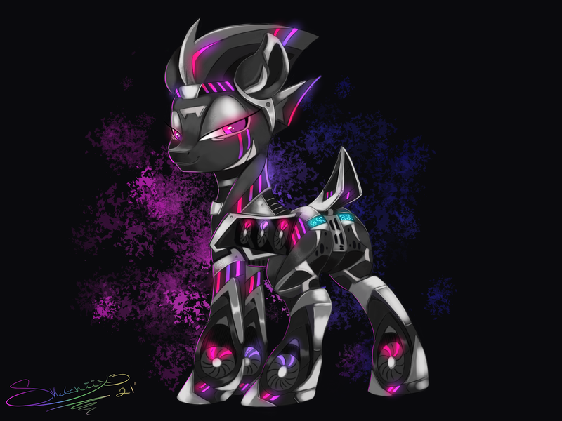 Size: 1600x1200 | Tagged: suggestive, artist:sketchiix3, derpibooru import, oc, oc:strix, unofficial characters only, pony, robot, robot pony, abstract background, asus, gpu pony, lidded eyes, looking at you, looking back, looking back at you, solo