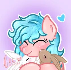 Size: 2688x2653 | Tagged: safe, artist:honeybee, derpibooru import, cozy glow, pegasus, pony, rabbit, a better ending for cozy, alternate hairstyle, animal, commission, cozybetes, cuddling, cute, eyes closed, female, filly, gradient background, heart, ych result