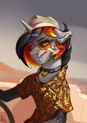 Size: 2480x3477 | Tagged: safe, artist:bilistitheles, artist:charlot, derpibooru import, oc, oc:moonshine, unicorn, chevrolet impala, choker, clothes, collar, convertible, desert, driving, fear and loathing in las vegas, female, hat, hawaiian shirt, hunter s. thompson, image, movie reference, png, shirt, sitting, smoking, socks, stockings, thigh highs