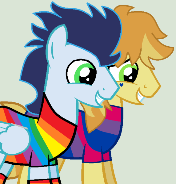 Size: 645x677 | Tagged: safe, artist:jadethepegasus, artist:spacep00dle, derpibooru import, braeburn, soarin', earth pony, pegasus, pony, base used, bisexual pride flag, clothes, face paint, gay, gay pride, gay pride flag, gray background, grin, heart, male, pride, pride flag, rainbow socks, shipping, shirt, simple background, smiling, soarburn, socks, stallion, striped socks, t-shirt