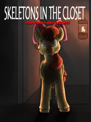 Size: 3000x4000 | Tagged: safe, artist:applejackofalltrades, derpibooru import, apple bloom, earth pony, pony, fanfic, fanfic:skeletons in the closet, cover, cover art, dark, fanfic art, fanfic cover, lantern, solo, surprised, text