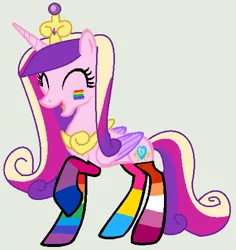 Size: 462x490 | Tagged: safe, artist:jadethepegasus, artist:rain-approves, derpibooru import, princess cadance, alicorn, pony, base used, bisexual pride flag, clothes, crown, cute, cutedance, eyes closed, face paint, female, gay pride flag, gray background, jewelry, lesbian pride flag, mare, mismatched socks, open mouth, pansexual pride flag, pride, pride flag, rainbow socks, raised hoof, regalia, simple background, socks, solo, striped socks