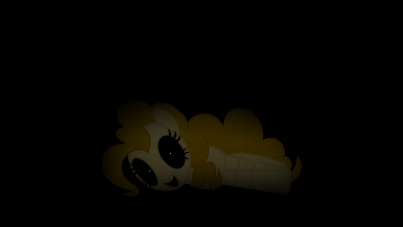 Size: 1920x1080 | Tagged: safe, artist:horses are fuckin weird, deleted from derpibooru, derpibooru import, pinkie pie, earth pony, pony, black background, black sclera, clothes, costume, creepy, five nights at freddy's, five nights at pinkie's, golden freddy, golden pinkie, looking at you, lying down, not surprise, open mouth, side, simple background, suit