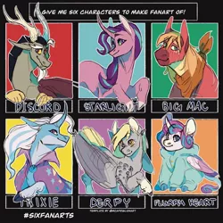 Size: 1080x1080 | Tagged: safe, alternate version, artist:speefus, derpibooru import, big macintosh, derpy hooves, discord, princess flurry heart, starlight glimmer, trixie, alicorn, draconequus, earth pony, pegasus, pony, unicorn, six fanarts, bust, cape, clothes, cloven hooves, colored hooves, curved horn, female, filly, freckles, hoodie, hoof fluff, horn, horns, male, mare, neckerchief, raised hoof, sitting, smiling, stallion, two toned wings, wings