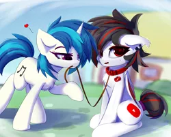 Size: 2137x1722 | Tagged: safe, artist:jfrxd, derpibooru import, vinyl scratch, oc, oc:jfrxd, bat pony, pony, unicorn, canon x oc, chest fluff, collar, ear piercing, earring, female, femdom, floating heart, heart, heart eyes, jewelry, leash, male, malesub, mare, mouth hold, pet play, piercing, stallion, submissive, sweat, sweatdrops, wingding eyes